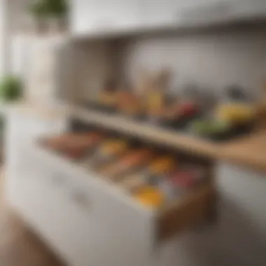 An optimized kitchen environment with neatly arranged under-counter organizers.