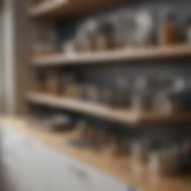 Under-Counter Shelf Organization A beautifully organized under-counter shelf displaying various kitchen tools and utensils.