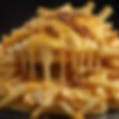 Close-up view of golden cheesy fries topped with melted cheese and spices