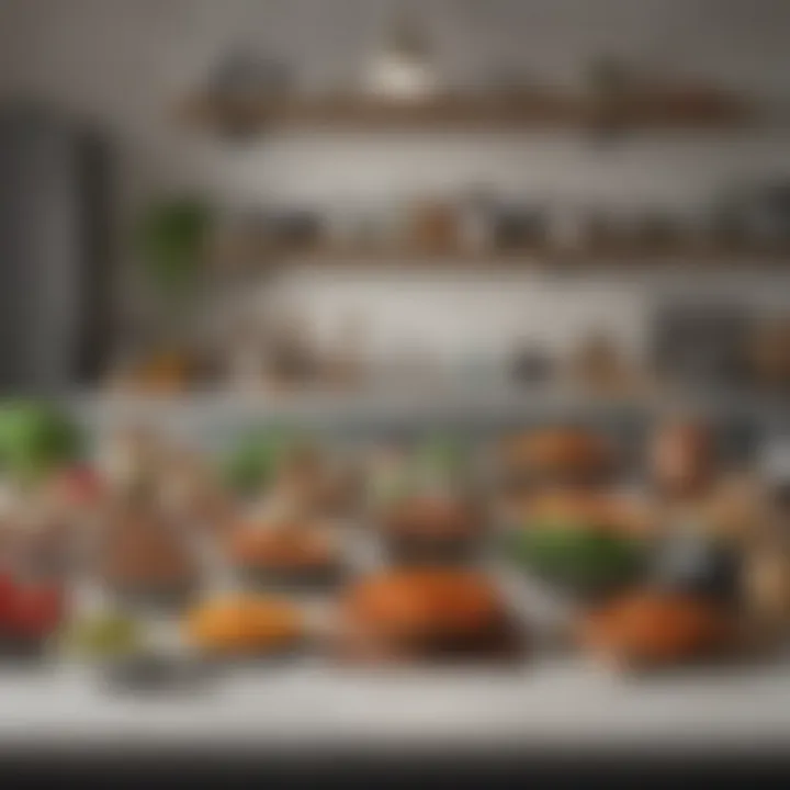 A kitchen workspace organized with meal kit recipes and ingredients