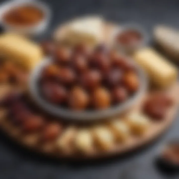 A beautifully arranged platter of Medjool dates alongside gourmet cheeses