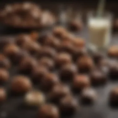 An array of chocolate varieties next to a glass of milk