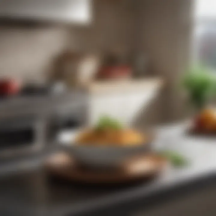 A ceramic pasta bowl set displayed in a modern kitchen environment