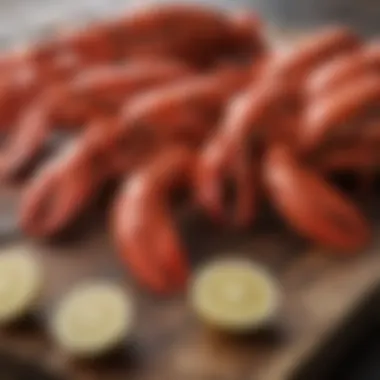 A vibrant display of freshly caught lobsters on a wooden table.