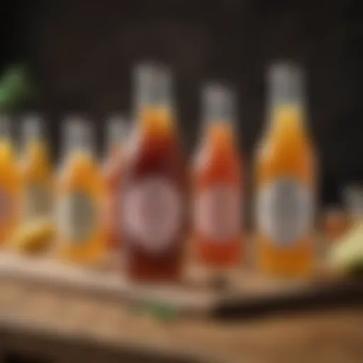 Aesthetic display of various kombucha bottles on a wooden table