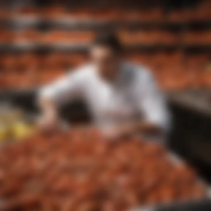 A chef skillfully selecting the best lobsters from a seafood market.