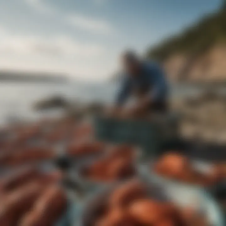 A serene coastal scene illustrating lobster harvesting in an eco-friendly manner.