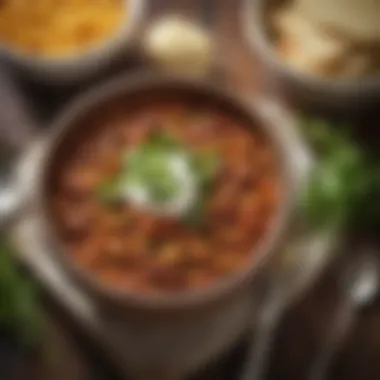 A hearty bean chili served in a rustic bowl with fresh herbs