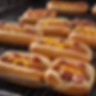 Close-up view of hot dogs arranged on the grill, highlighting the cooking process.