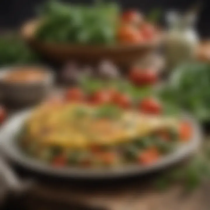A close-up of a delicious omelet filled with fresh vegetables and herbs on a rustic table