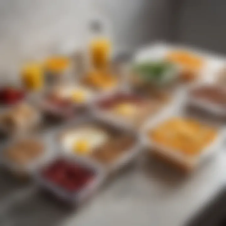 An array of meal prep containers filled with balanced breakfast options ready for the week