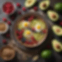 A vibrant spread of nutritious breakfast ingredients including avocados, berries, and whole grains