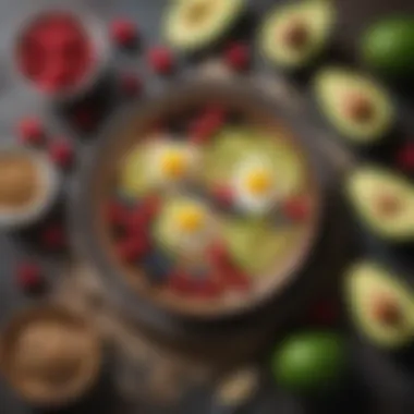 A vibrant spread of nutritious breakfast ingredients including avocados, berries, and whole grains