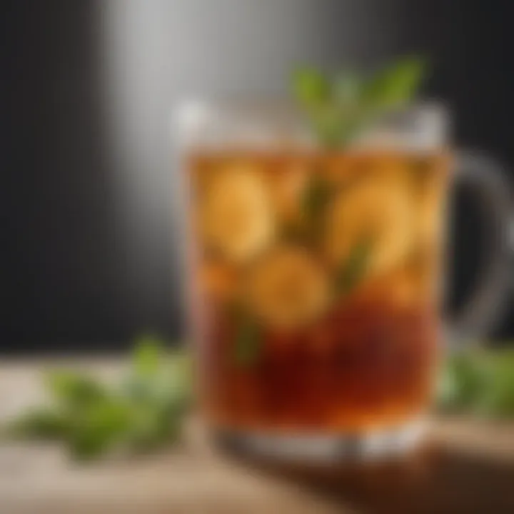 Close-up of a refreshing glass of iced tea with herbs