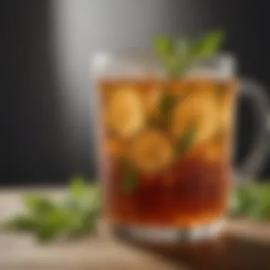 Refreshing Organic Iced Tea Experience Close-up of a refreshing glass of iced tea with herbs
