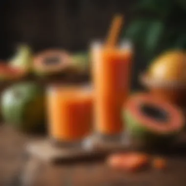 A refreshing glass of papaya juice on a wooden table surrounded by fresh papayas