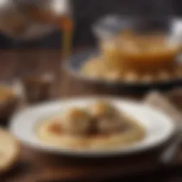 A bowl of rich, dark Passover gravy pouring over matzo balls