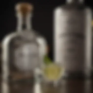 Patron Silver Tequila Close-up view of Patron Silver tequila bottle with its distinctive label.