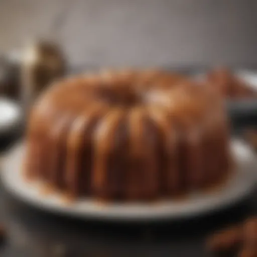 A beautifully glazed praline bundt cake showcasing its rich texture