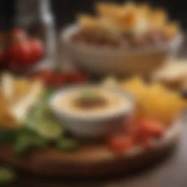 Plated Queso with Meat Dip A beautifully plated queso with meat dip alongside garnishes.