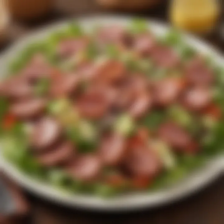 A fresh salad topped with sliced kielbasa