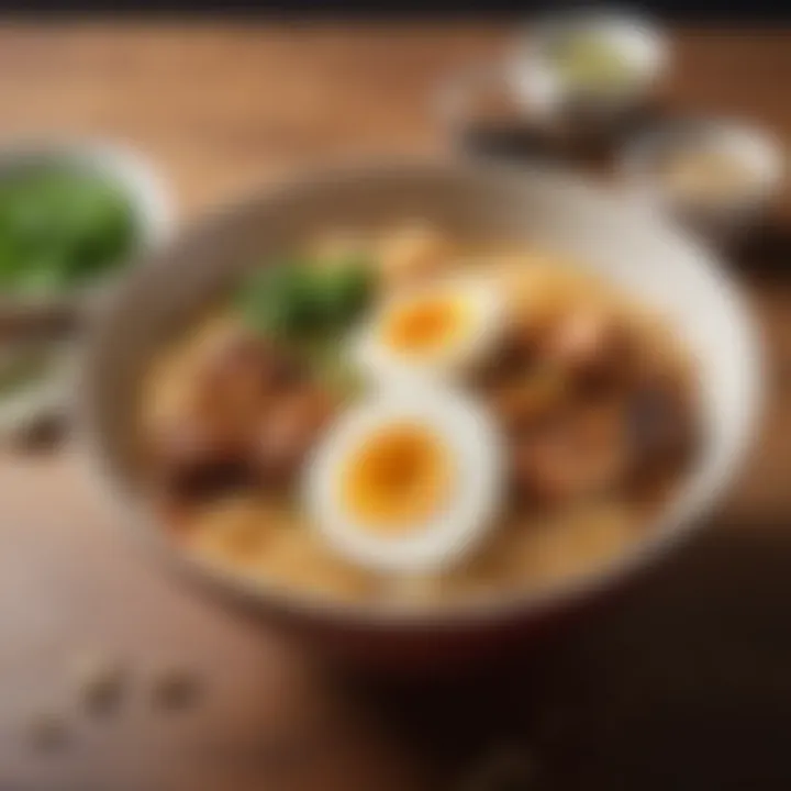 A creative dish featuring ramen snacks as a topping for a gourmet meal