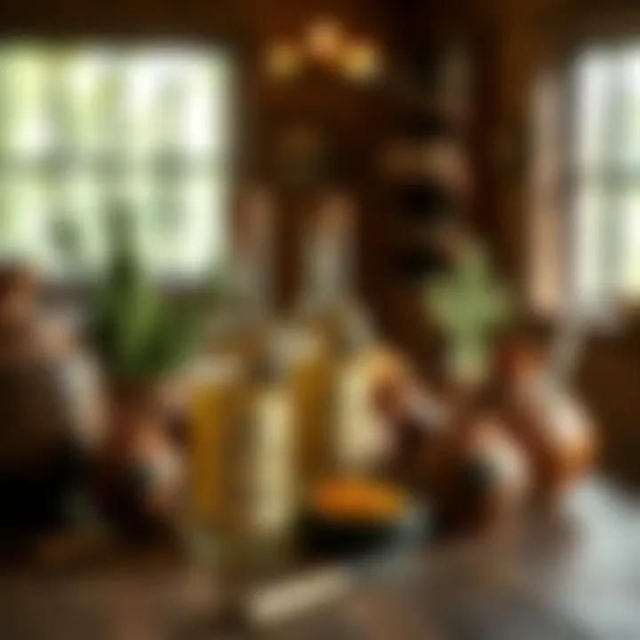 A rustic wooden table adorned with ranch tequila bottles and traditional Mexican pottery