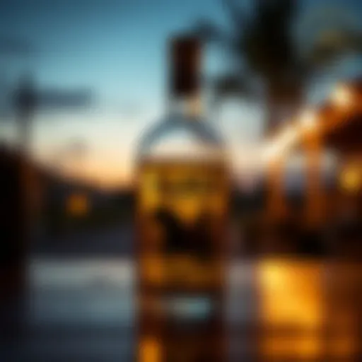 A close-up of ranch tequila in a glass with the sun setting in the background