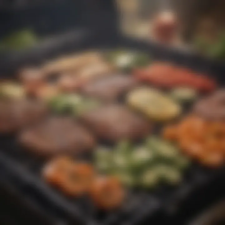 Grill setup with an array of meats and vegetables ready to cook.