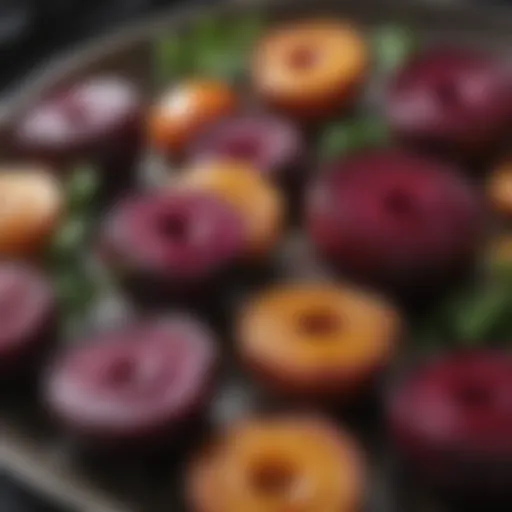 Close-up view of vibrant roasted beets glistening on a platter