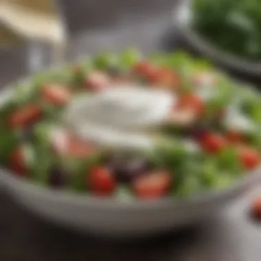 Creamy Greek Yogurt Dressing on Garden Salad A creamy Greek yogurt dressing drizzled over a fresh garden salad