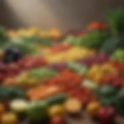 A vibrant selection of fresh fruits and vegetables arranged neatly on a table