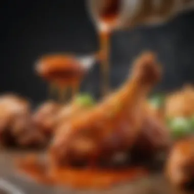 A close-up shot of the sauce being poured over crispy chicken wings, capturing the moment of elevation.