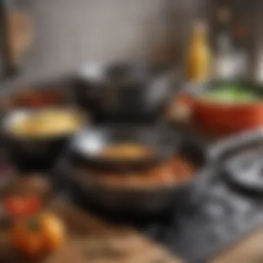 Diverse Materials for Optimal Cooking Different materials used in large saucepans displayed together.