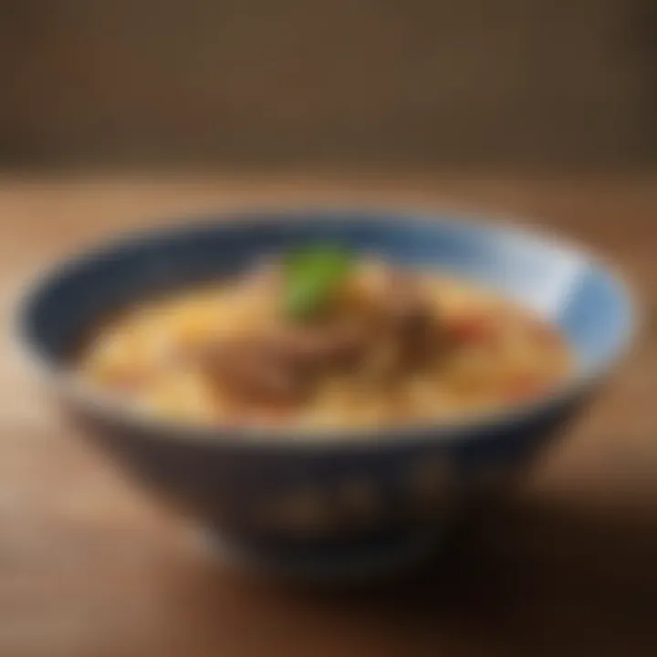 A close-up of seasoned ramen noodles presented in a decorative bowl