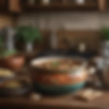 A beautifully decorated gumbo pot displayed on a rustic kitchen counter, emphasizing its cultural significance.