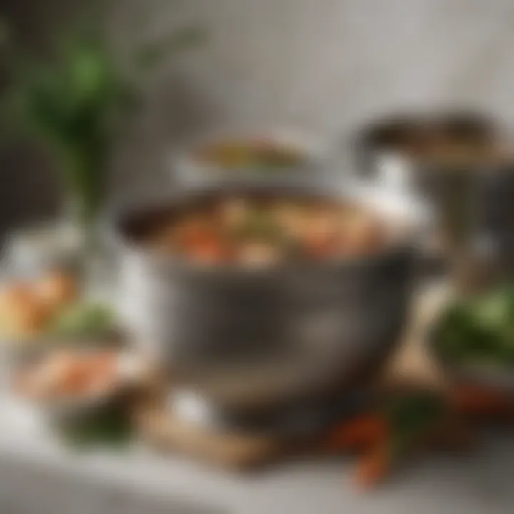 An elegant gumbo pot with lid, placed beside fresh ingredients like okra and shrimp, highlighting its functionality.