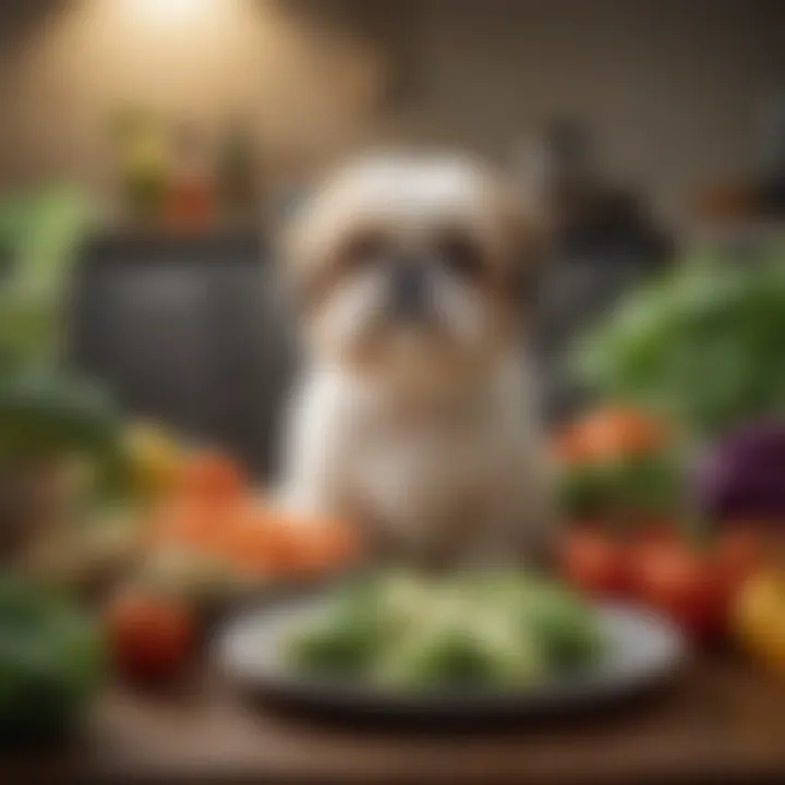 A Shih Tzu looking curiously at a plate of vegetables