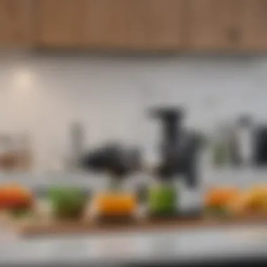 An organized kitchen countertop featuring the Slowstar Juicer, emphasizing its ease of use.