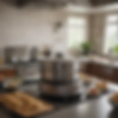 An elegant kitchen setup featuring a stainless steel dim sum steamer in action