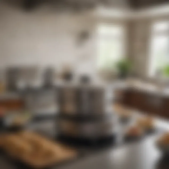 An elegant kitchen setup featuring a stainless steel dim sum steamer in action