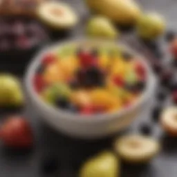 A vibrant bowl of mixed fruits featuring fiber-rich options such as prunes and pears.