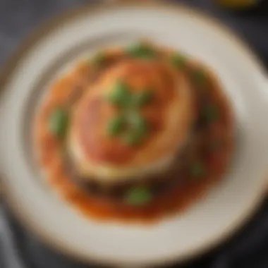 Artfully plated eggplant parmigiana with garnish