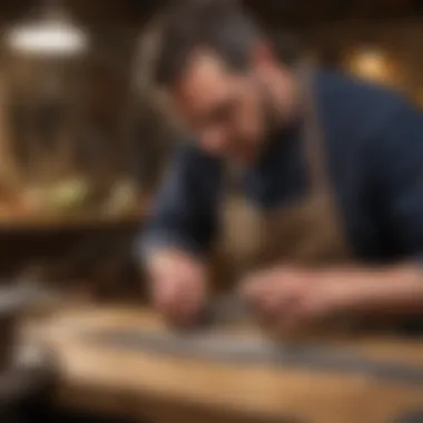 Artisan at work, shaping a knife with precision tools in a workshop setting