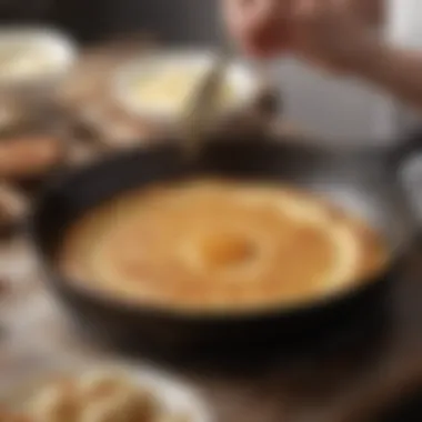 Batter in Non-Stick Pan A close-up of a non-stick pan with batter sizzling on it.