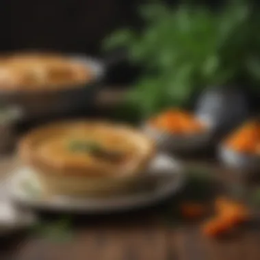 An elegantly plated pot pie garnished with herbs