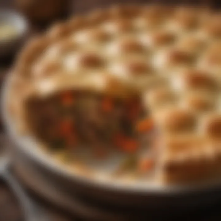 A close-up view of a flaky crust, emphasizing texture and color