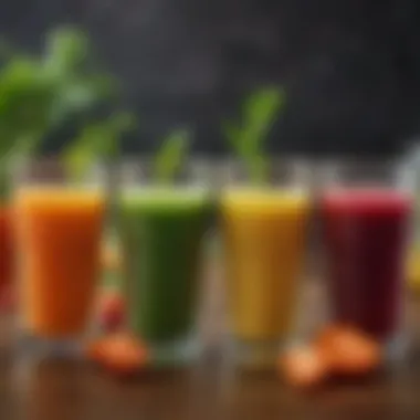 Colorful array of freshly extracted vegetable juices in glasses