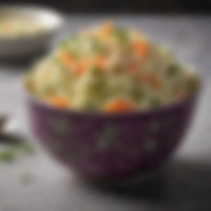 A vibrant bowl of coleslaw garnished with herbs