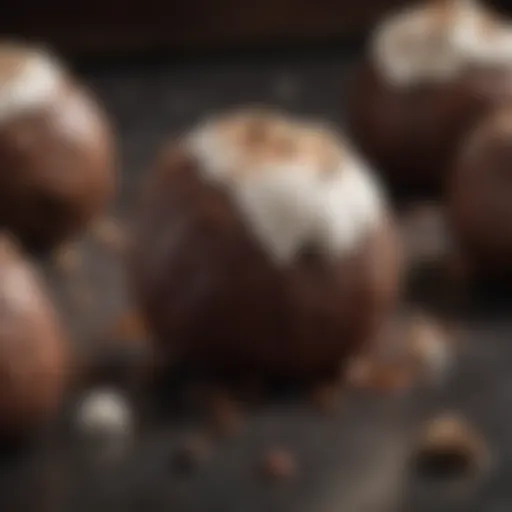 A close-up of a decadent chocolate truffle filled with marshmallow, showcasing glossy chocolate exterior and soft interior
